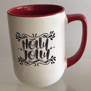 M WARE - Stoneware "Holly Jolly" Red In/White Out W/Red Handle Mug